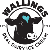Wallings Real Dairy Ice Cream logo – cow illustration with blue heart, available on branded paper cups